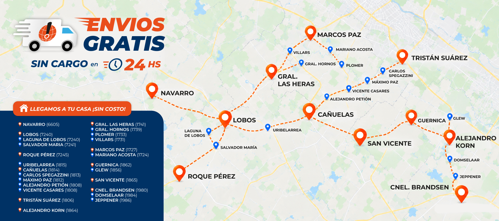 Mapa y localidades con Envíos a Domicilio sin cargo de Albanessi